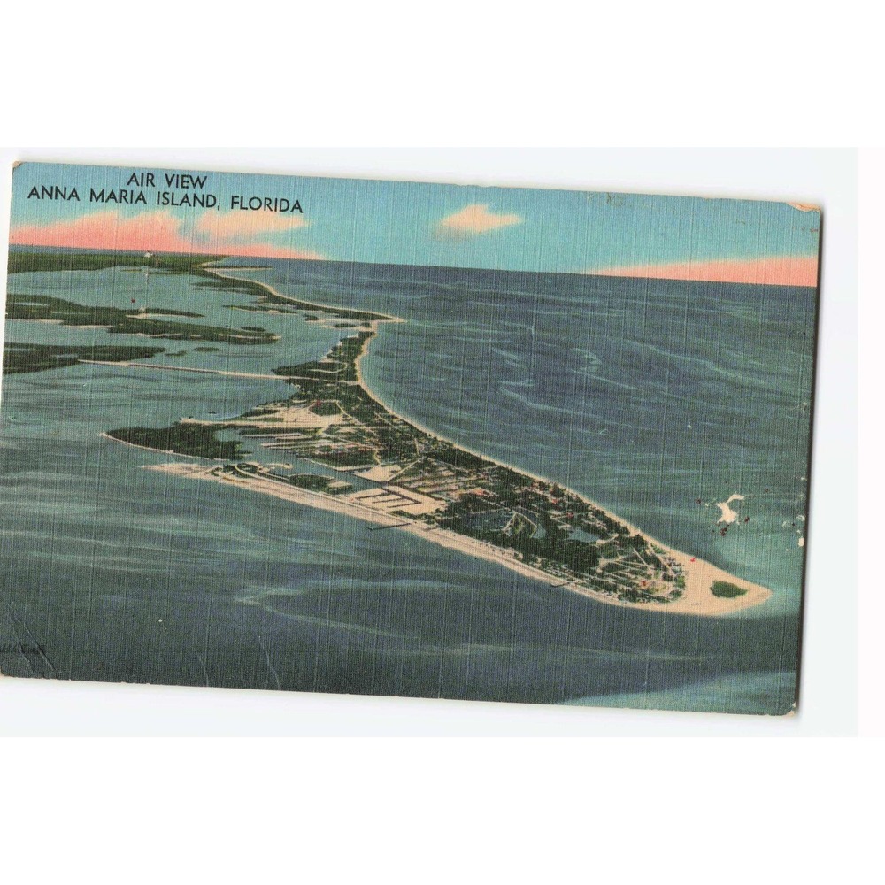 Vintage Anna Maria Island Florida Aerial View Linen Postcard Postmarked 1957